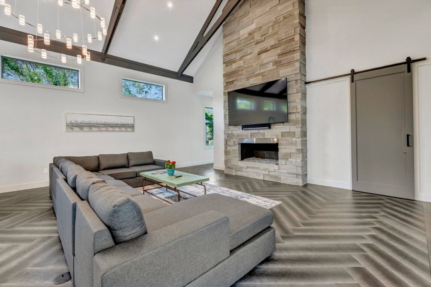 Sit back and relax on the large sectional sofa (fireplace is decorative only and non-functional).